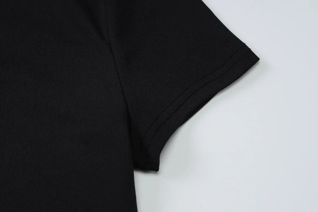 Cryptographic Round Neck Short Sleeve Sexy Bodycon Long Dress Summer Outfits for Women Casual Split Black Dresses Solid Clothes