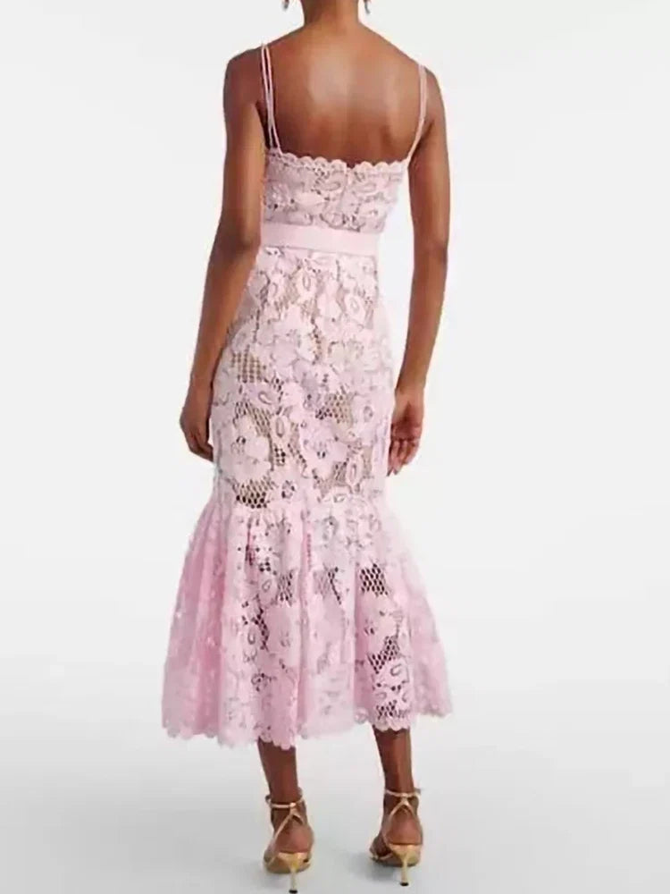 Spring Summer New Fashion Pink Water-soluble Lace Slip Dress Women Temperament slim Sleeveless Robe With Belt Ladies 2026