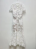 Fashion White Water-soluble Lace Fishtail Dress Women Elegant Temperament Turn-down Collar Slim Single-breasted Robe With Belt