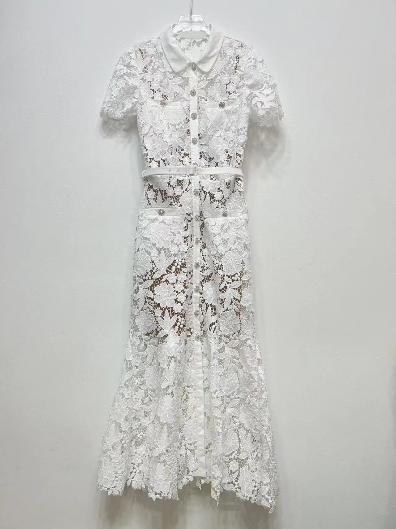 Fashion White Water-soluble Lace Fishtail Dress Women Elegant Temperament Turn-down Collar Slim Single-breasted Robe With Belt