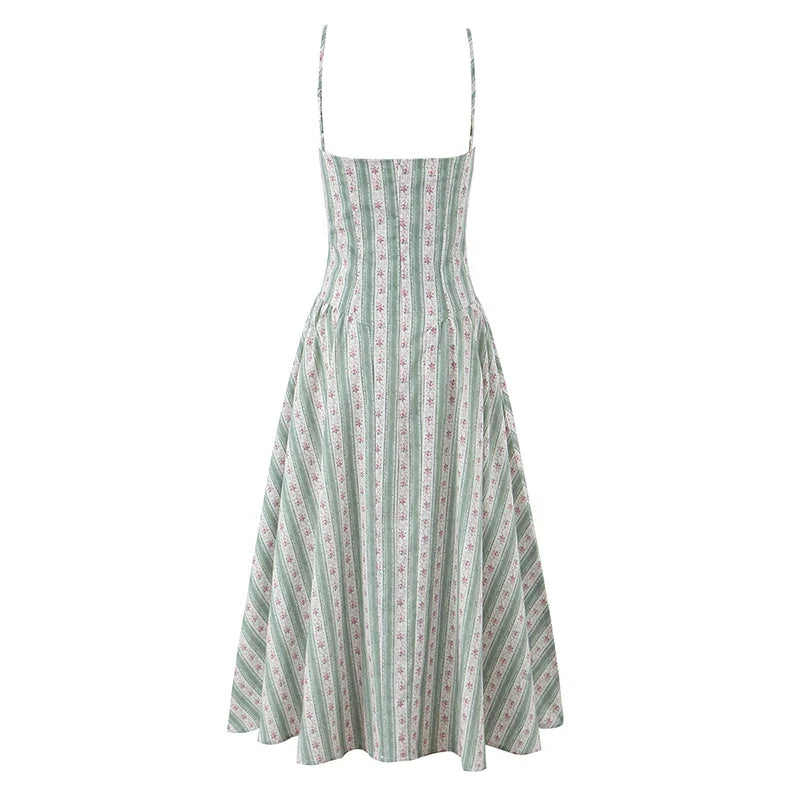 YENKYE Green Striped Floral Print Sexy Spaghetti Straps Dresses Women Elegant A-line Midi Vacation Party Dresses Summer Robe