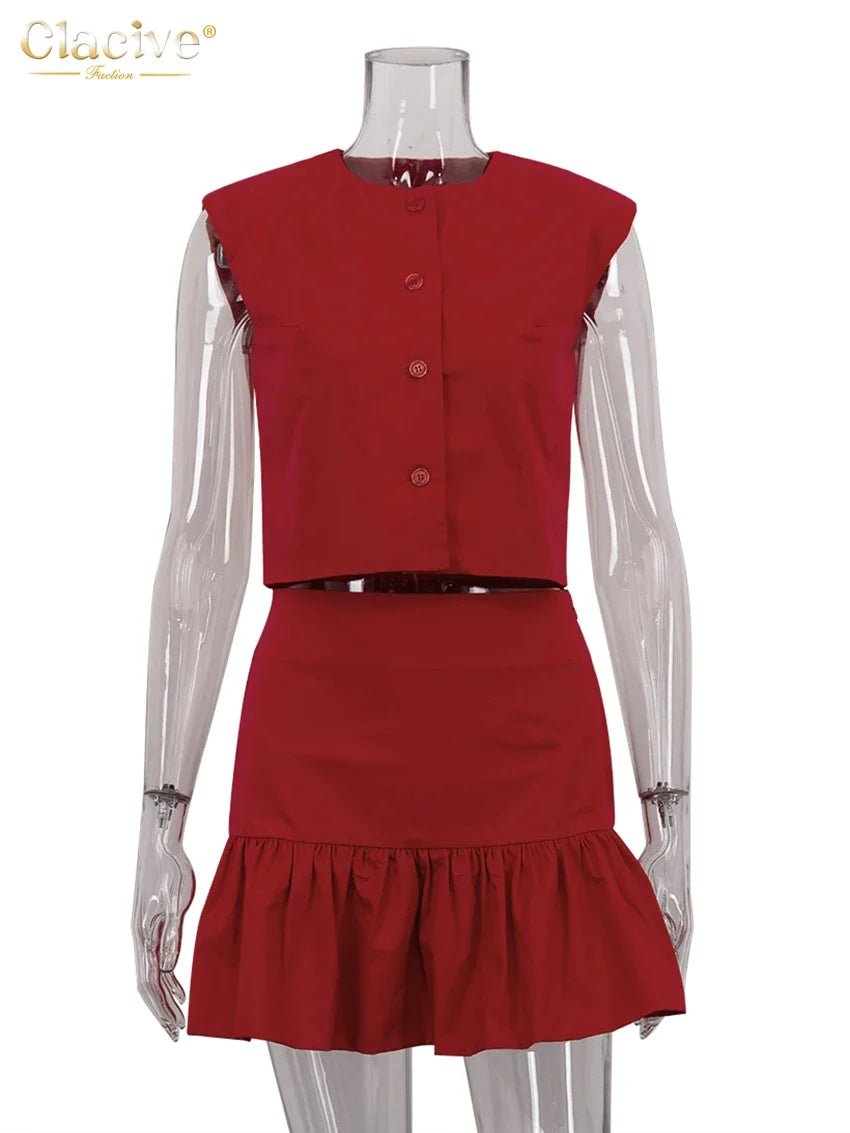 Clacive Summer Loose Red Cotton Women's Two Pieces Set 2025 Fashion Sleeveless Tank Top With High Waist Mini Skirt Set Female