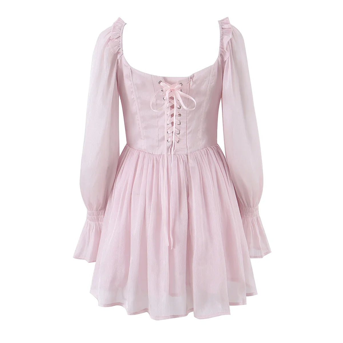 CHIC Women Bight Pink Ruched Chest Puff Long Sleeve Dress Boning Low Waist Cross Bandage Lacing Up Back Short Dresses Robe