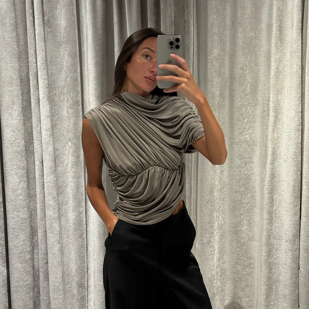 Cryptographic Fashion Ruched Asymmetrical Tops for Women Outfits Sexy Solid Sleeveless Chic Tops T-shirts Slim Summer Clothes