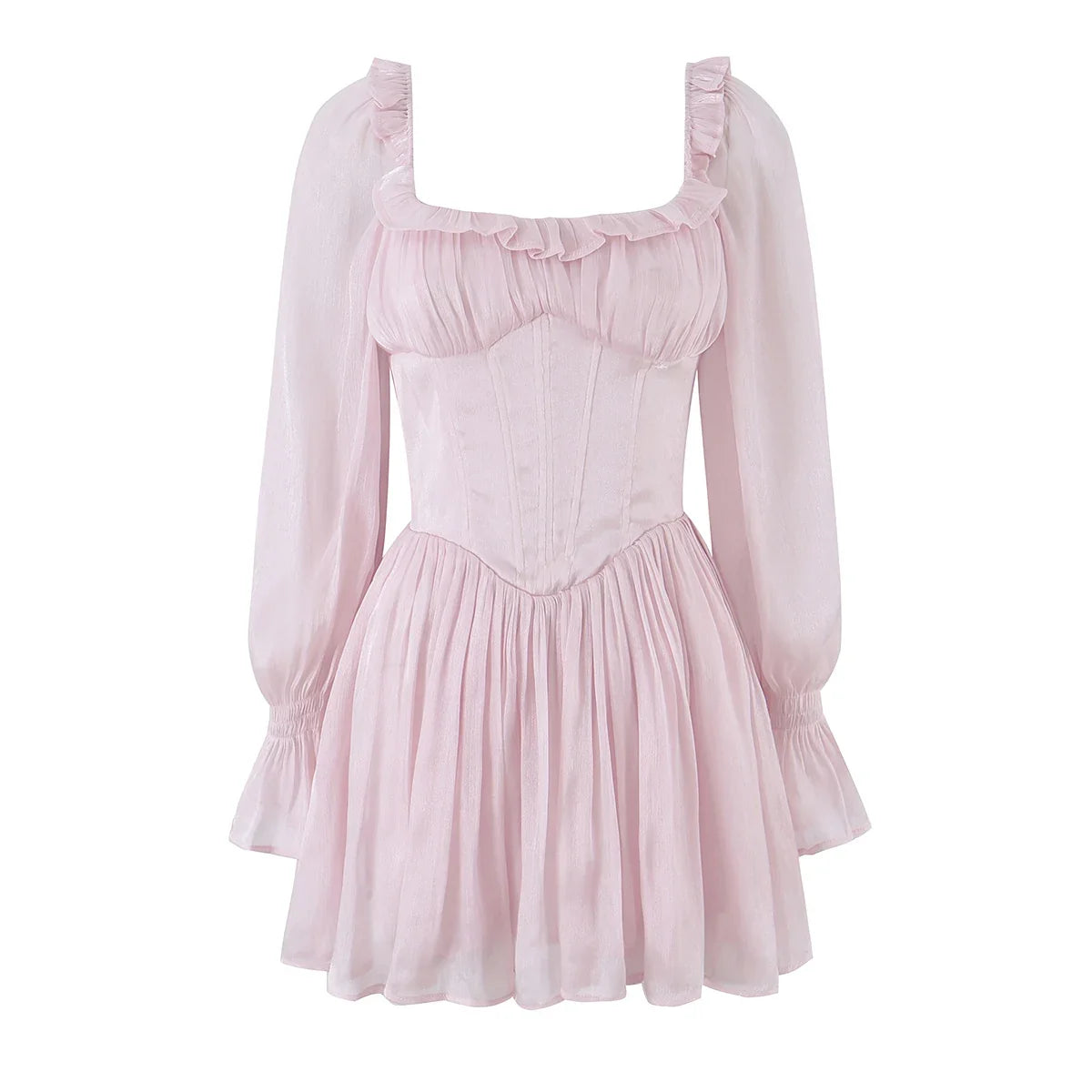 CHIC Women Bight Pink Ruched Chest Puff Long Sleeve Dress Boning Low Waist Cross Bandage Lacing Up Back Short Dresses Robe