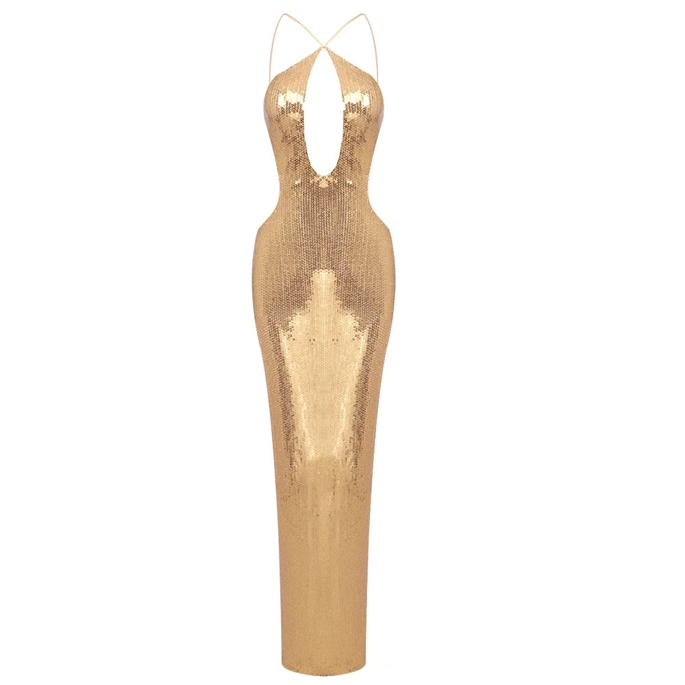 VC Women'S Gold Sequins Luxury Party Gown Sexy Backless  Long Dress For Wedding Banquet Party Female Clothing