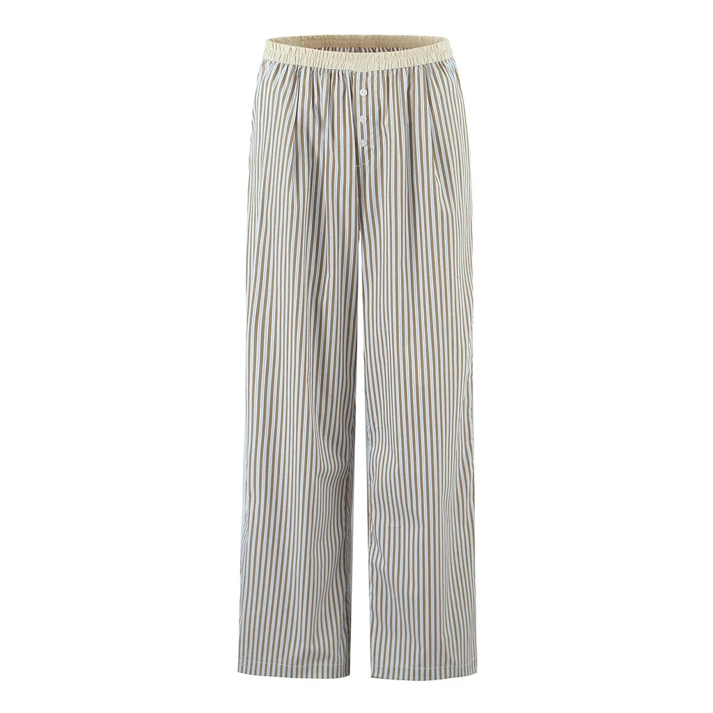 YENKYE Europe And America Striped Wide Leg Pants Women Vintage Elastic High Waist Casual Summer Trousers Female pantalones