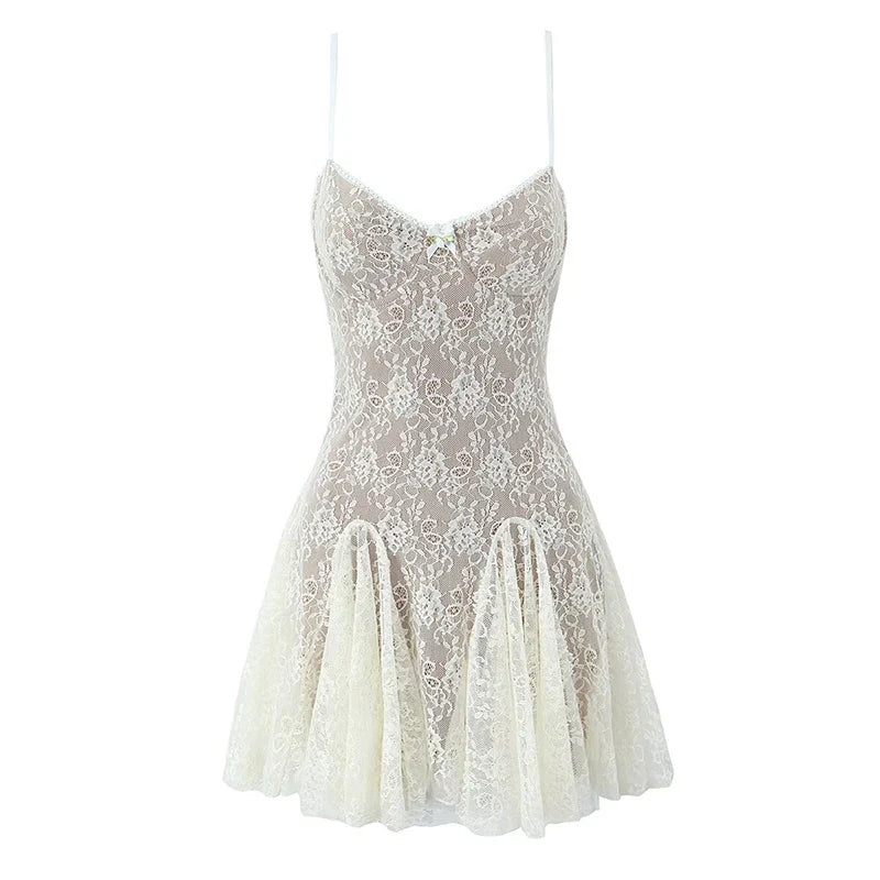 YENKYE New Fashion Women Spaghetti Straps Lace Sexy Dresses Black Beige Backless Hollow Out A-line Mini Dress Night Out Robe