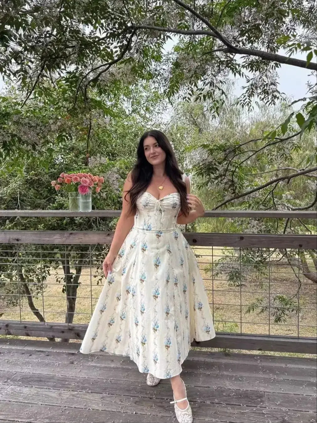 YENKYE New Fashion Women A-line Midi Elegant Party Dresses Sexy Wide Straps Lace Spliced Holiday Summer Floral Print Dress 2025