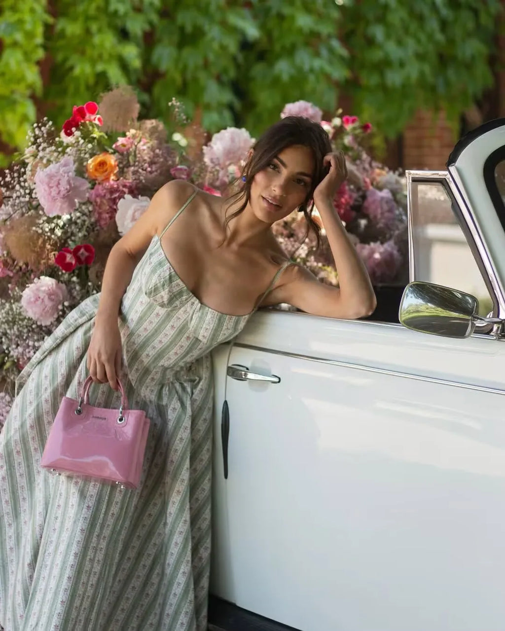 YENKYE Green Striped Floral Print Sexy Spaghetti Straps Dresses Women Elegant A-line Midi Vacation Party Dresses Summer Robe