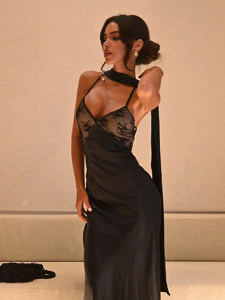 CNYISHE Lace Patchwork Backless Camisole Women Dresses Sleeveless V Neck Outfits Sexy Club Fashion Solid Female Vestidos Robes