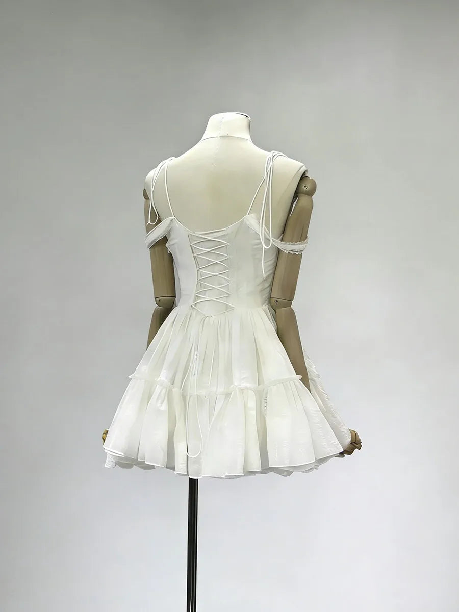 TWOTWINSTYLE Solid Spliced Embroidery Sweet Dresses for Women Square Neck Sleeveless High Waist Patchwork Strap Dress Female New
