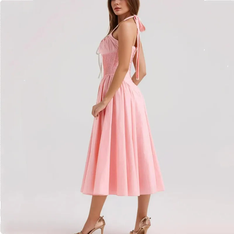 2024 Sexy Pink Corset Style Bow Halter Dress Spliced Lace Drawstring Rope Chest Pleated Slim Low Waist A-lined Swing Midi Robe