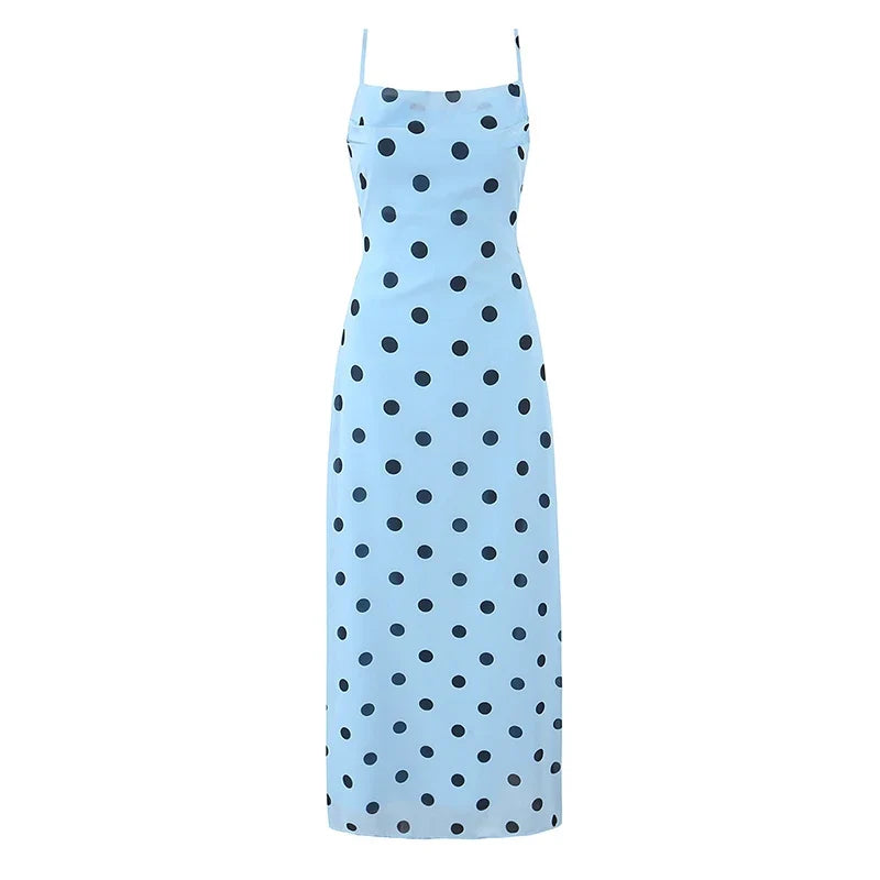 YENKYE Women Light Blue Polka Dot Sling Long Dress Sexy Backless Bandage Bodycon Casual Summer Sundress Chiffon Vestidos