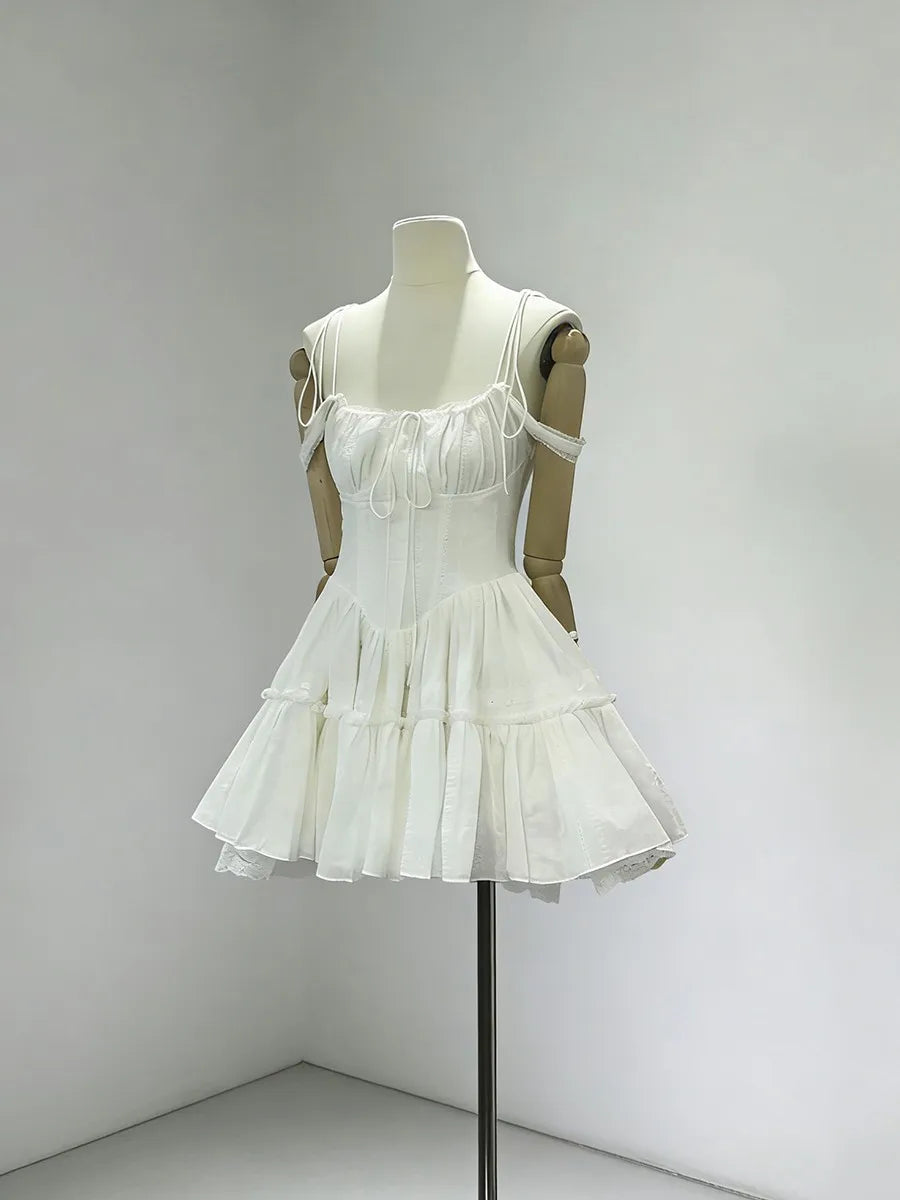 TWOTWINSTYLE Solid Spliced Embroidery Sweet Dresses for Women Square Neck Sleeveless High Waist Patchwork Strap Dress Female New