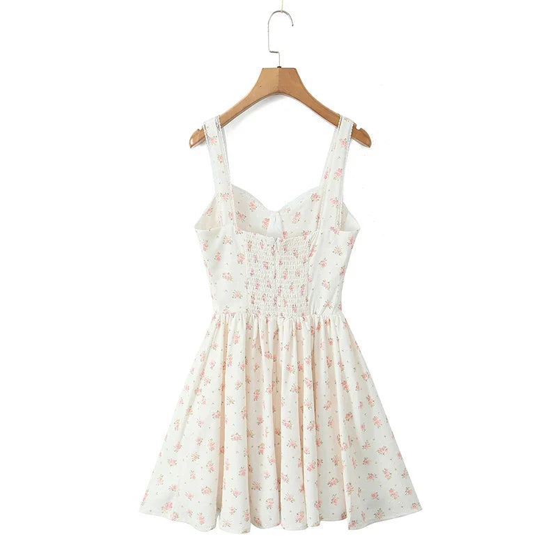 YENKYE Elegant Women Lace Patchwork Floral Print Sling Mini Dress Sleeveless Low Waist A-line Holiday Party Dresses Summer Robe