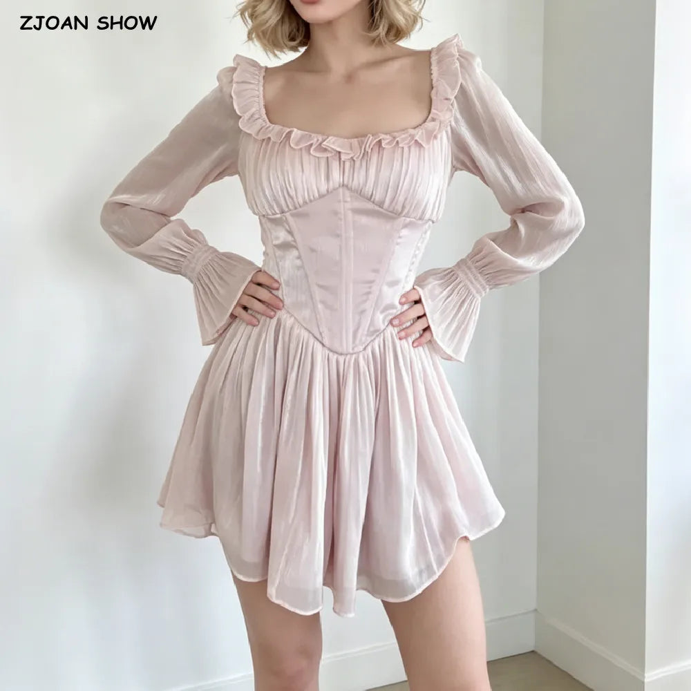 CHIC Women Bight Pink Ruched Chest Puff Long Sleeve Dress Boning Low Waist Cross Bandage Lacing Up Back Short Dresses Robe