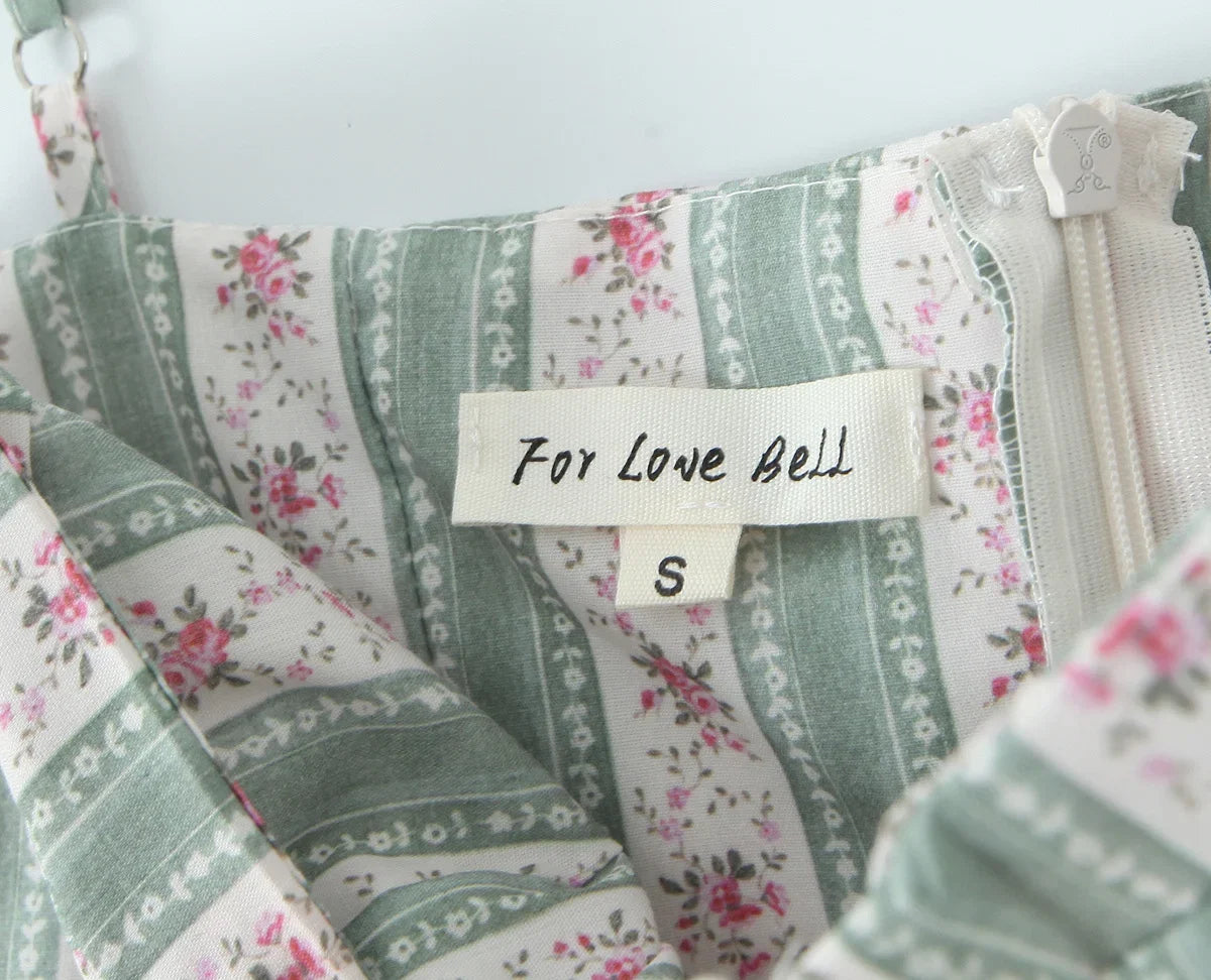 YENKYE Green Striped Floral Print Sexy Spaghetti Straps Dresses Women Elegant A-line Midi Vacation Party Dresses Summer Robe