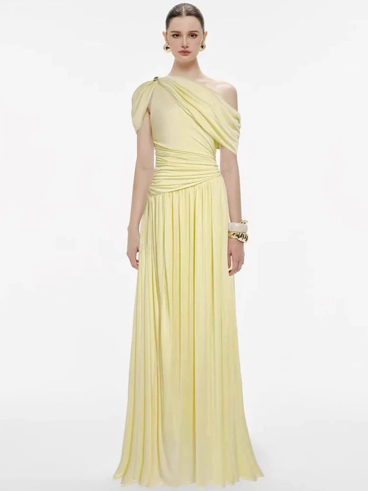 DEAT Elegant Dress Asymmetrical Pleated Long Hollow Out Solid Color Women's Evening Party Dresses 2026 Spring New Tide 35Z4129