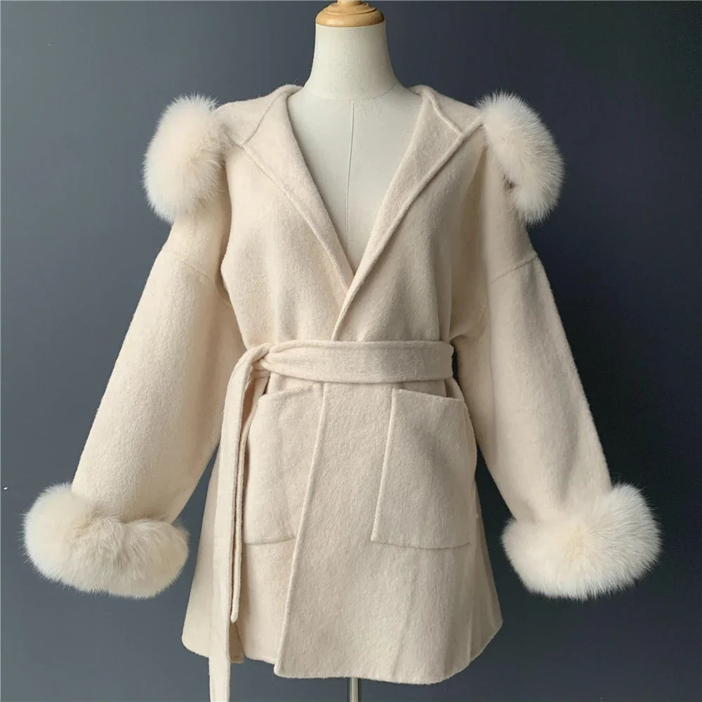 Jaxmonoy Women's Wool & Blends Coat With Real Fox Fur Ladies Autumn Winter Fashion Warm Loose Jacket with Hooded New in Outwear