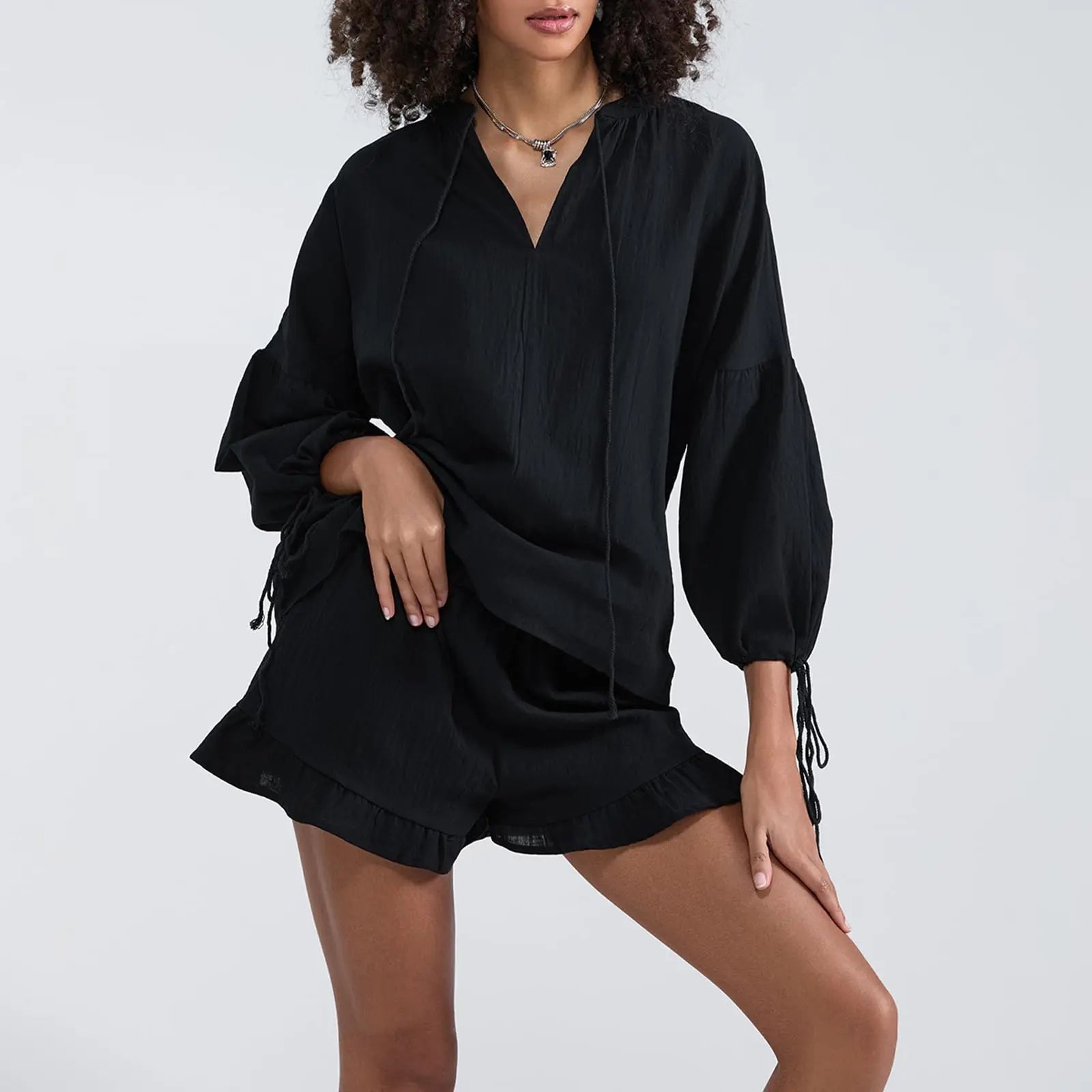 Summer Women's Suit 2-piece Sets For Women Long Puff Sleeves Blouse Loose V-neck Lace Up Summer Outfits Ruffle Shorts Beach Sets