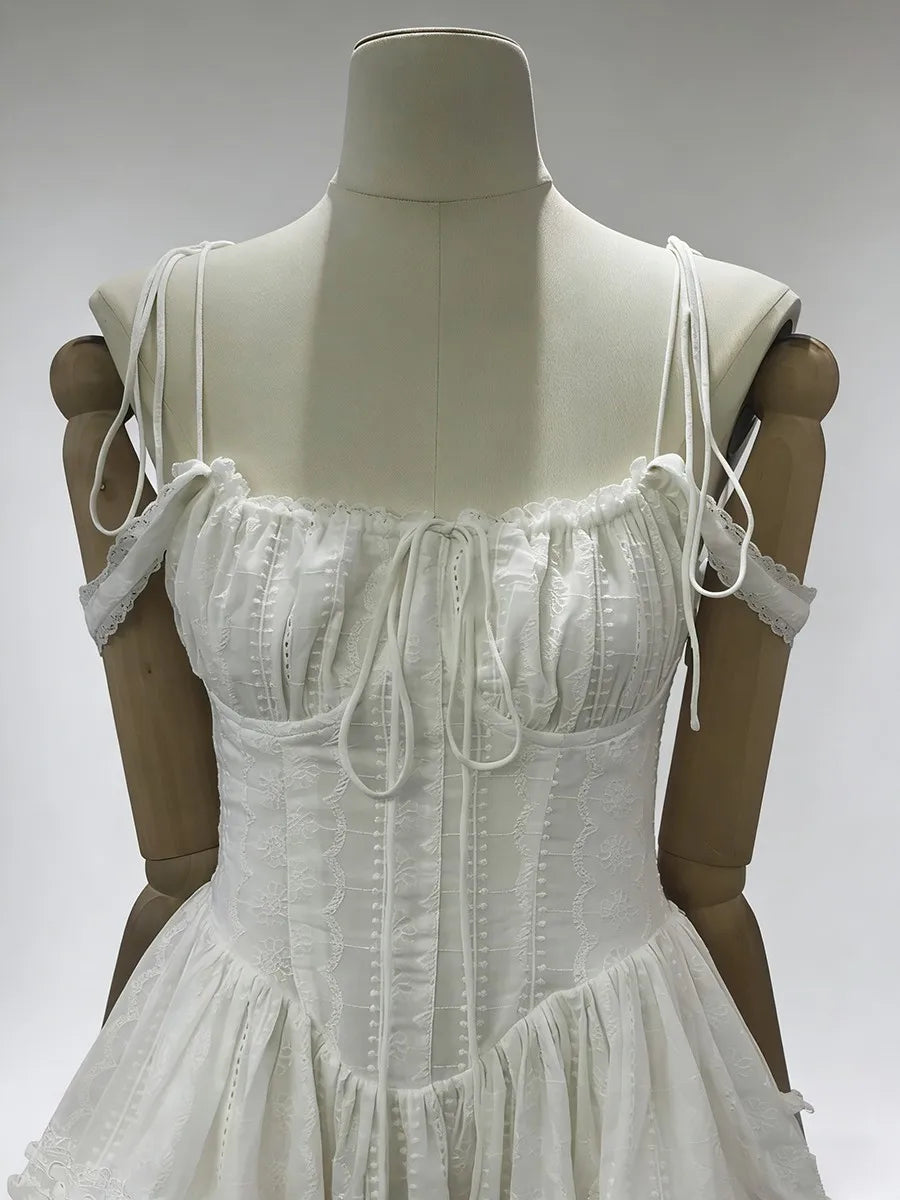 TWOTWINSTYLE Solid Spliced Embroidery Sweet Dresses for Women Square Neck Sleeveless High Waist Patchwork Strap Dress Female New