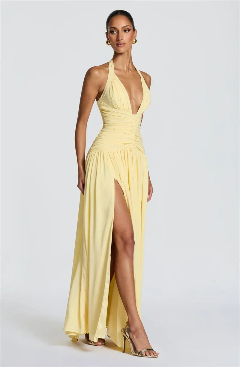 Mozision Halter Deep V Neck Sexy Maxi Dress Women Elegant Off-shoulder Sleeveless High Split Pleated Club Party Long Dress
