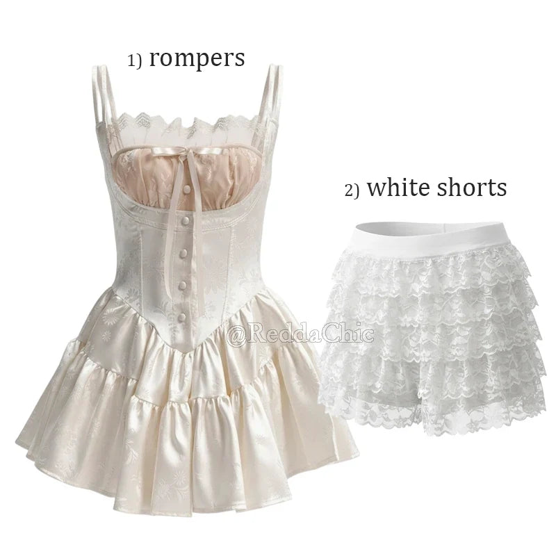 REDDACHiC Women Rompers Floral Satin Dress Vintage Square Neck Corset Lace Camisole Short Dress Pretty Conquete Summer Clothes