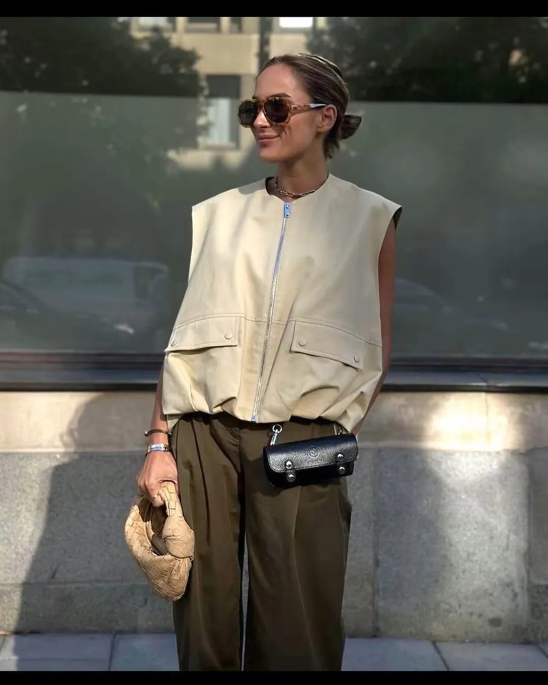 YENKYE New Women Gathered Hem Oversize Vest Round Neck Female Autumn Winter Female Chic Crop Waistcoat