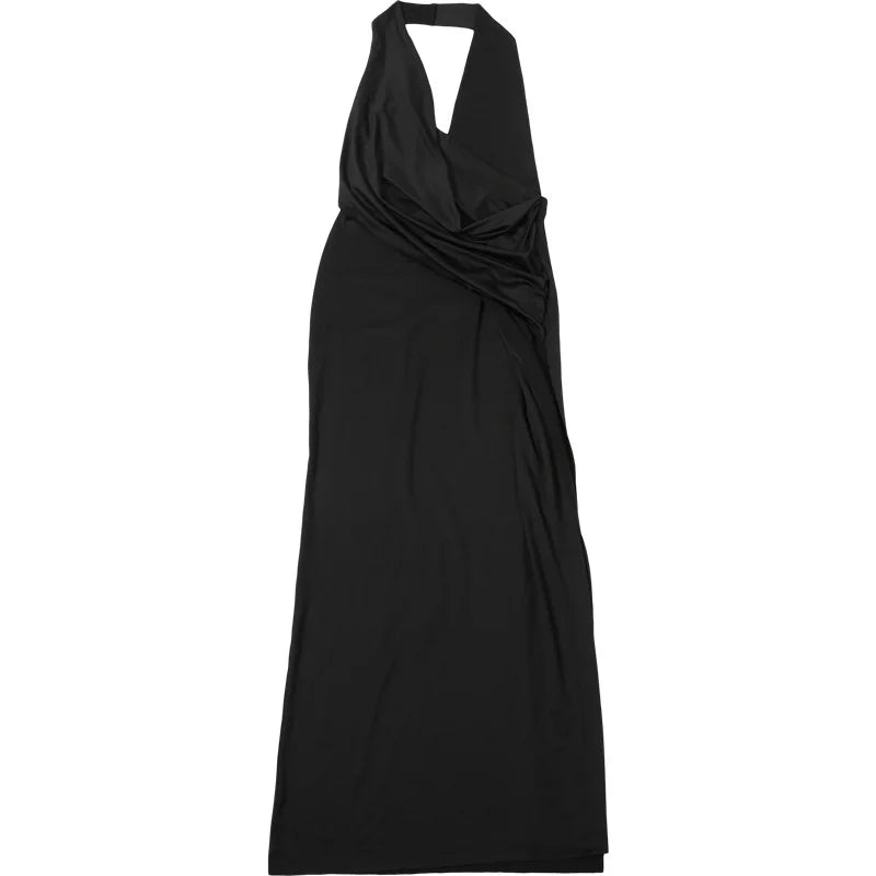 Cryptographic Elegant Halter Draped Ruched Maxi Dress for Women Party Club Outfits Sexy Backless Deep V Neck Split Dresses Gown