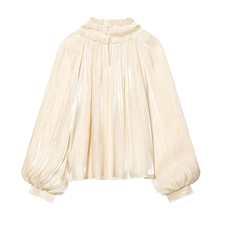 YENKYE 2026  Women's Fashion Shiny Satin Blouse  High Neck Long Sleeve Ruffled Loose Top For Daily Wear