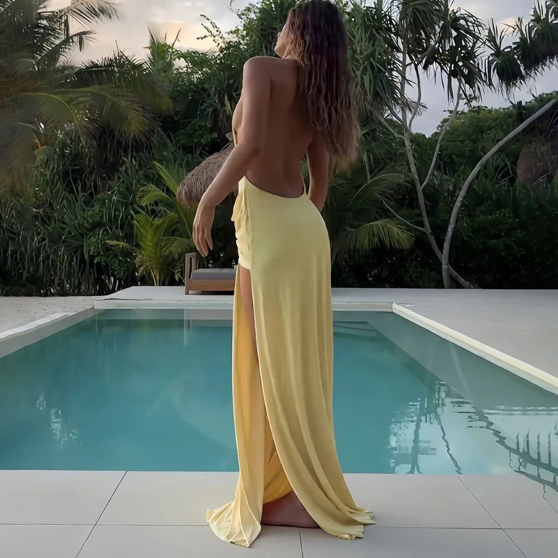 Cryptographic Elegant Halter Draped Ruched Maxi Dress for Women Party Club Outfits Sexy Backless Deep V Neck Split Dresses Gown