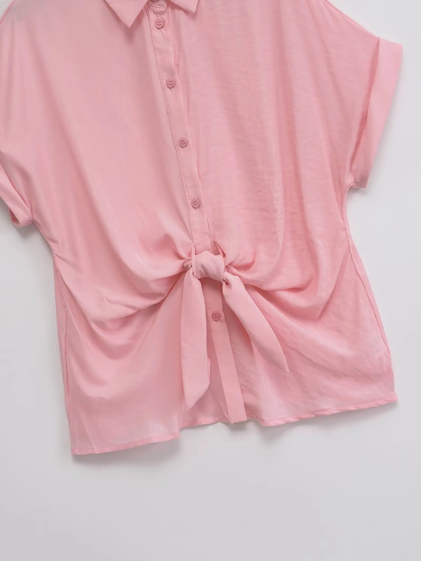 YENKYE 2026 New Women Front Knot Short Sleeve Shirt Lapel Collar Button Down Casual Blouse Loose Summer Tops