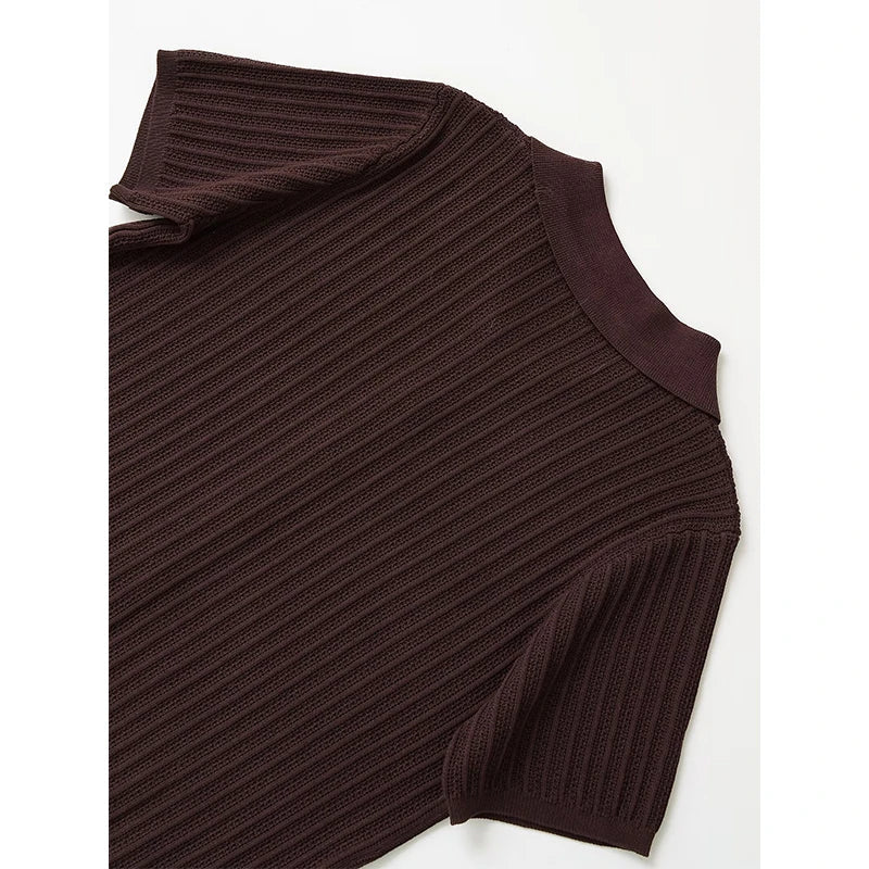 YENKYE Front Button Brown Hollow Out Knit T Shirt Women Short Sleeve Lapel Collar Female Summer Tees Casual  Lady Shirts 2025