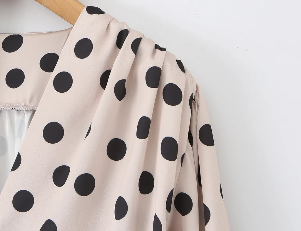 2026 New Women's Polka Dot 2 Piece Outfit V Neck With Scarf Blouse + High Waist Lace Trim Mermaid Maxi Skirt Elegant Vintage Set