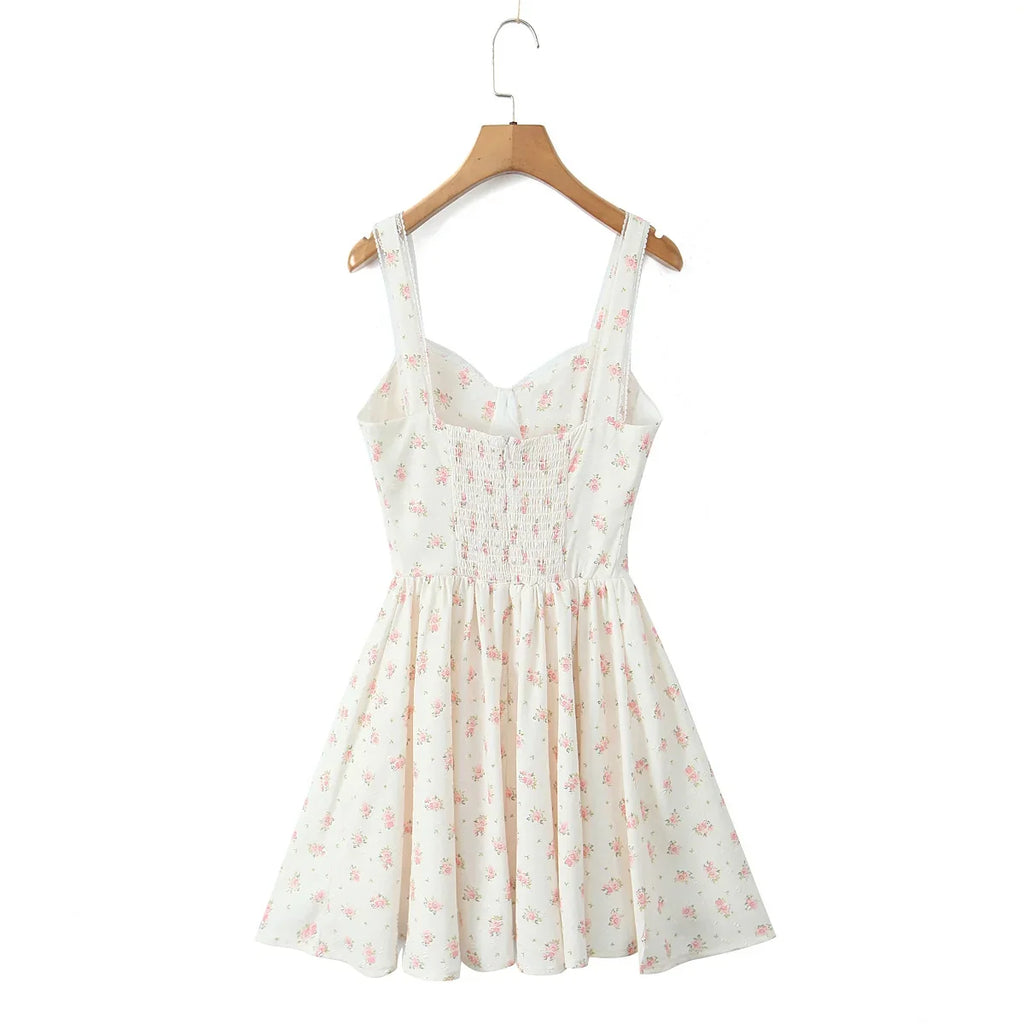 YENKYE Elegant Women Lace Patchwork Floral Print Sling Mini Dress Sleeveless Low Waist A-line Holiday Party Dresses Summer Robe