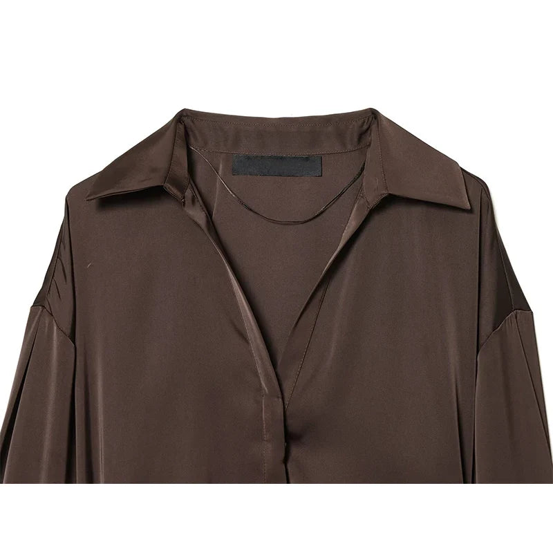 YENKYE New 2026 Women Elegant With Belt Satin Shirt Long Sleeve Front Button Spring Summer Office Shirts