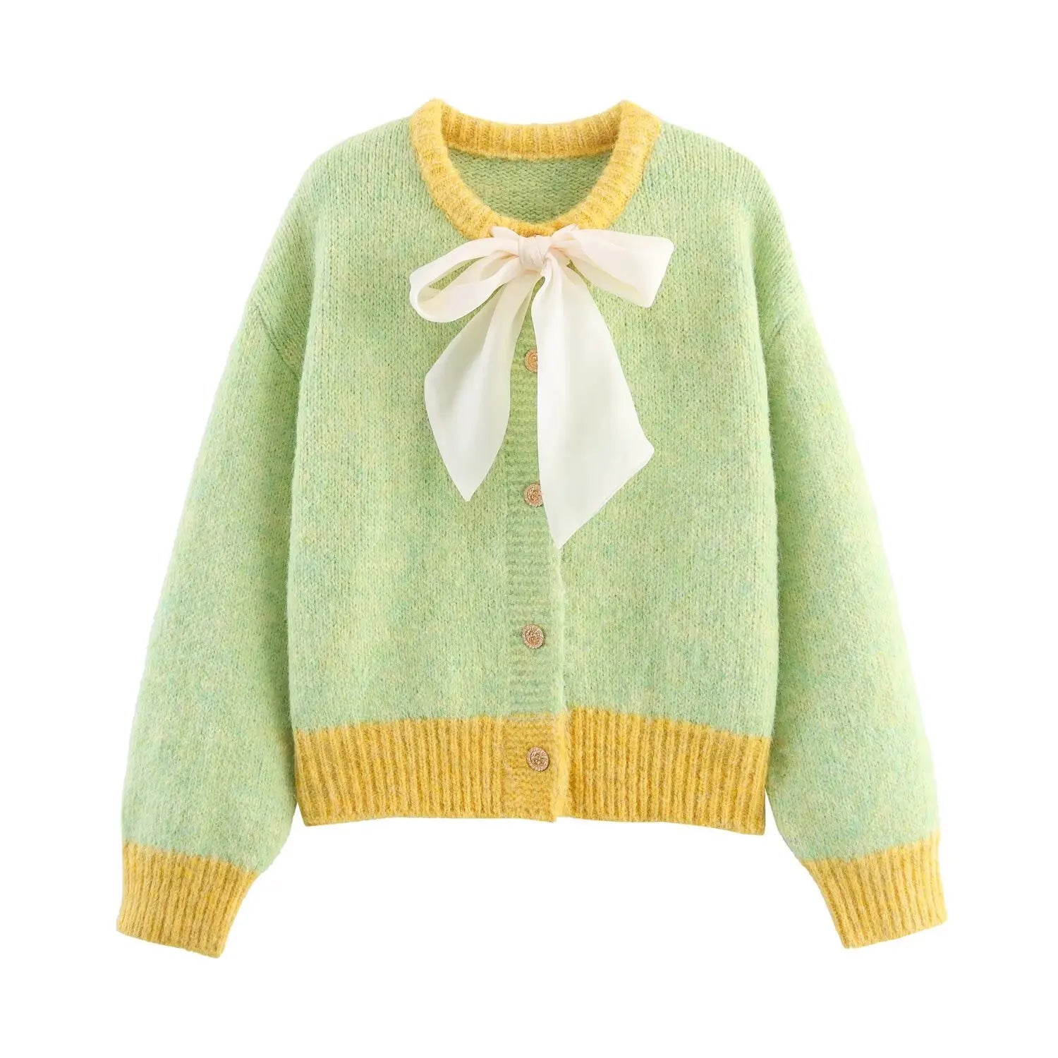 YENKYE 2025 Women Single Breasted Bow Knit Cardigan Long Sleeve O Neck Casual Autumn Outerwear Short Coat