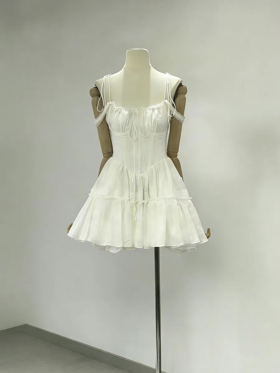 TWOTWINSTYLE Solid Spliced Embroidery Sweet Dresses for Women Square Neck Sleeveless High Waist Patchwork Strap Dress Female New