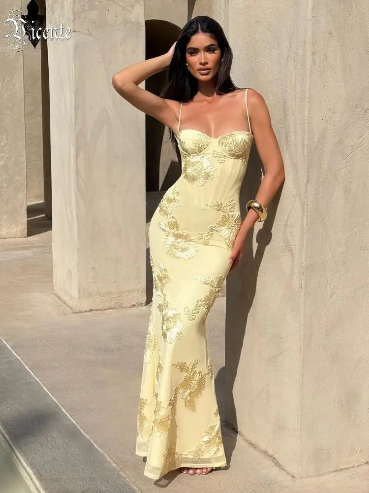 VC Elegant Yellow Floral Embroidered Mermaid Evening Dress for Women – Spaghetti Strap Corset Bodycon Maxi Gown Party Prom Dress