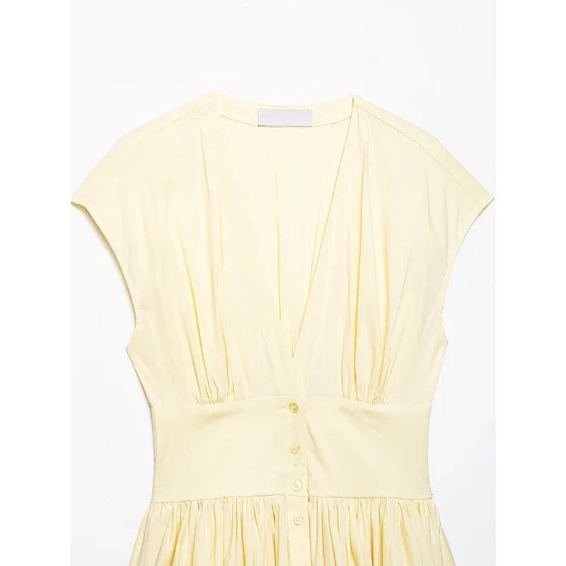 YENKYE New 2026 Women Short Sleeve Deep V Neck Pleated  A-line Mini Dress Casual Summer Vestidos