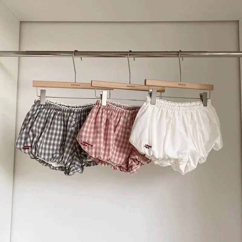 Womens Plaid Bubble Shorts Elastic Waist Bloomer Shorts Casual Short Pants Summer Streetwear