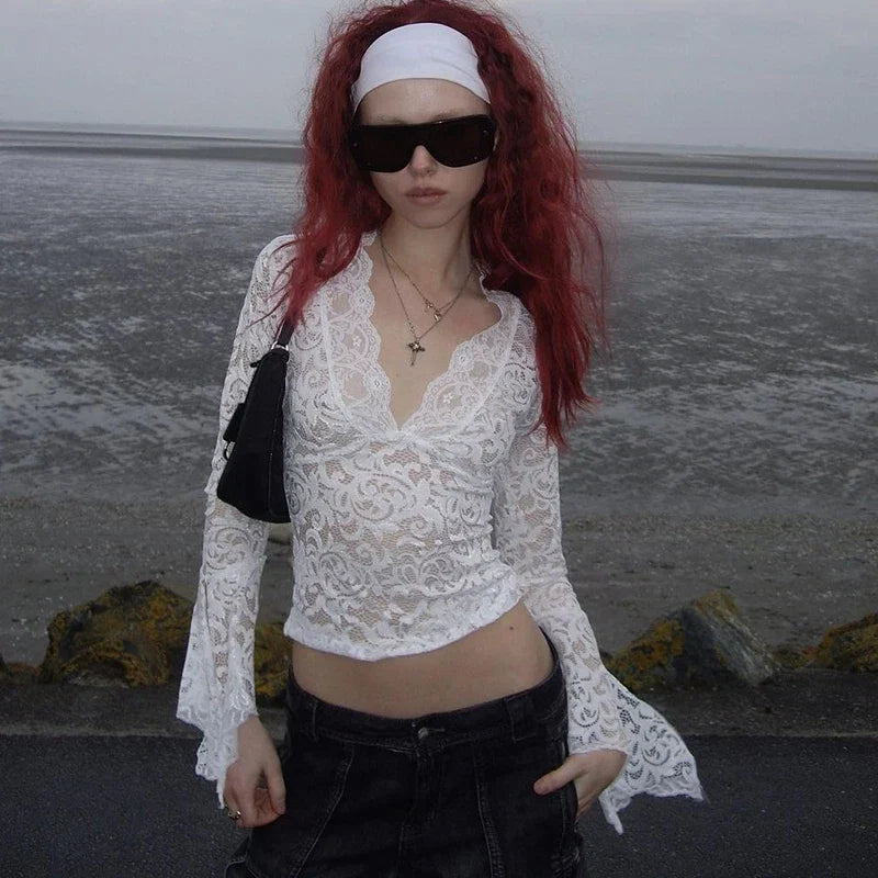 DGLUKE V-Neck Long Sleeve Lace Top Women Sexy Transparent  Crop Top Summer Fall Woman Blouses And Shirts Clubwear