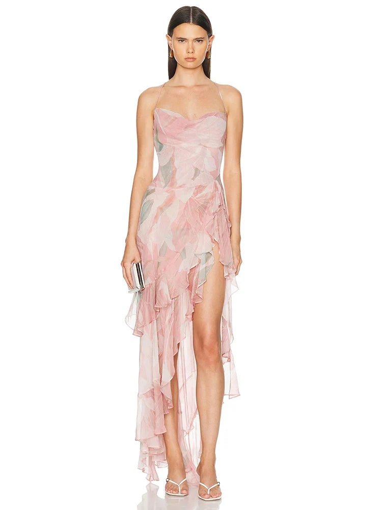 Summer Sexy Spaghetti Strap Printed Ruffles Long Dress Women Pink Sleeveless Backless Flower Dresses Holiday Party Sundress
