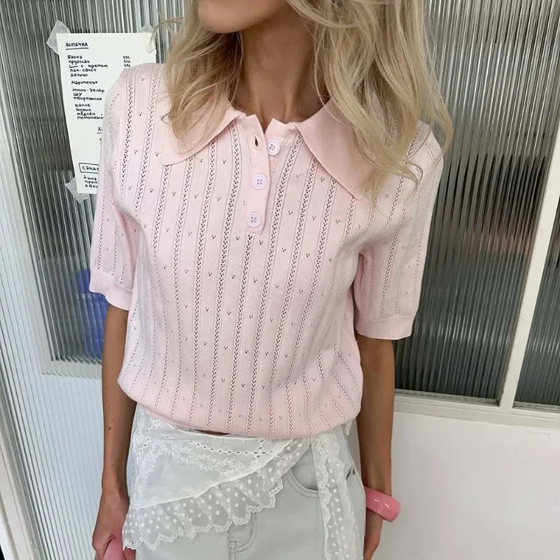 Tuularose Knit Lapel Top For Women Buttons Short Sleeve Pullover T Shirt Female Fashion Office Lady Solid Casual Top Women 2025