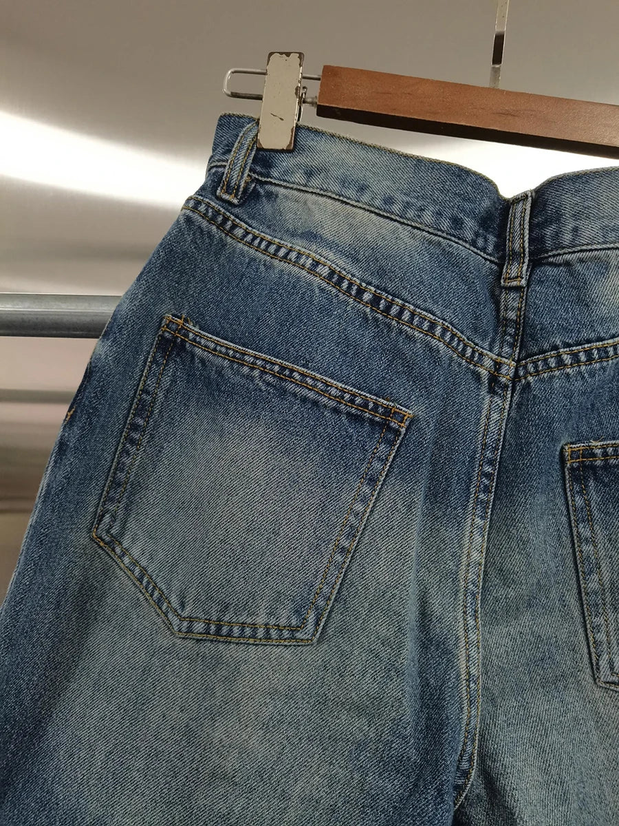TWOTWINSTYLE Loose Spliced Metal Decoration Versatile Jeans for Women High Waist Casual Wide Leg Jean Female Fashion Clothes New
