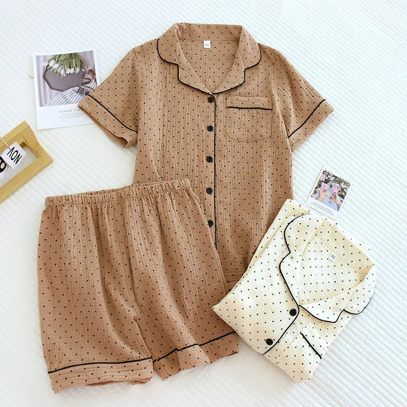 100% Cotton Gauze Women Pajamas Polka Dot Print Sleepwear 2025 Spring Female 2 Piece Set Nightwear Lady Pyjamas Loungewear