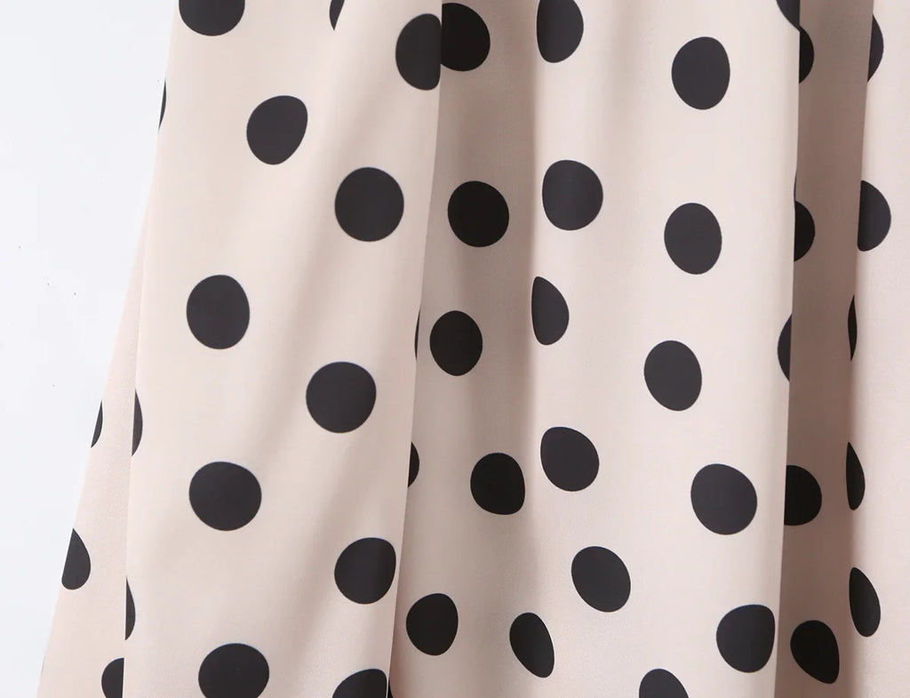 2026 New Women's Polka Dot 2 Piece Outfit V Neck With Scarf Blouse + High Waist Lace Trim Mermaid Maxi Skirt Elegant Vintage Set