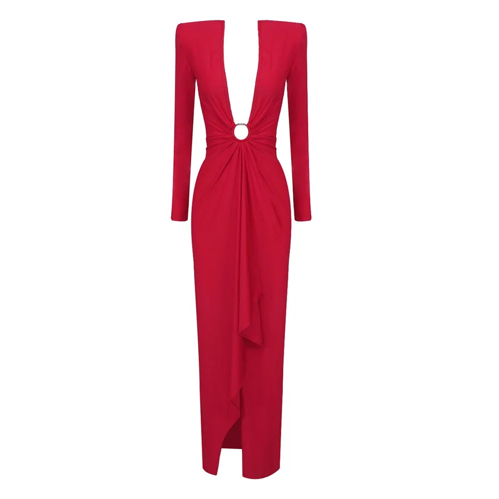 VC 2023 Autumn Fashion Dresses For Women Sexy Deep V Neck Circle Design Long Split Gowns With Shoulder Pad