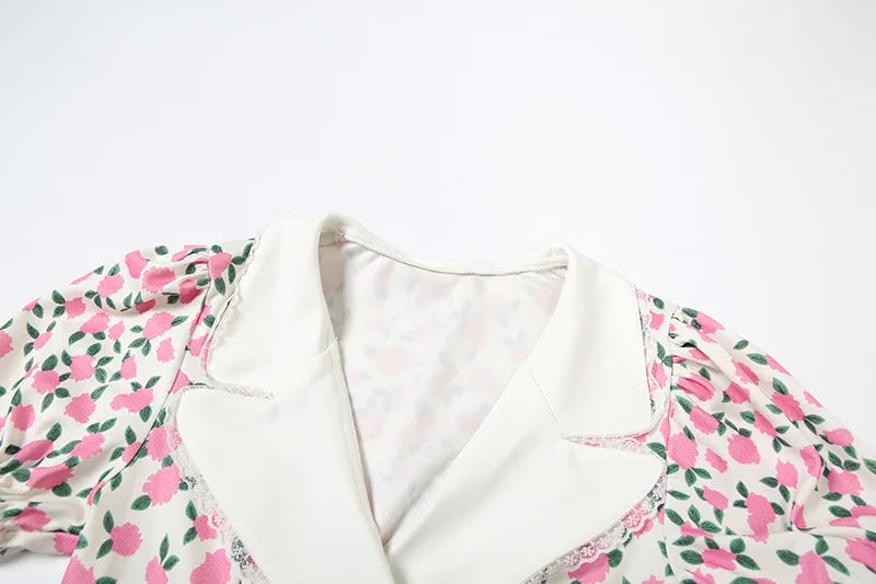 Tornova Flower Print Puff Sleeve Dress Women's Lapel Sexy Slim Mini French Dress Elegant Contrast Party Dress Female Fashion